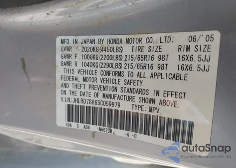 2005 Honda Cr-V Ex from USA, damaged, VIN JHLRD78865C059979